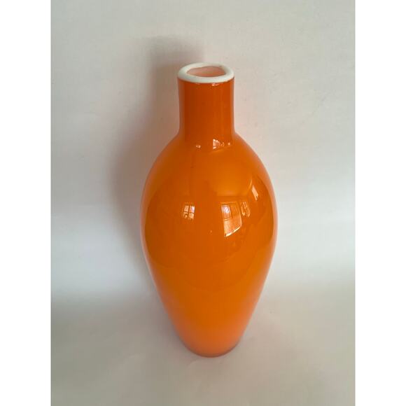 Vintage MCM Hand Blown Orange Cased Glass Large Vase - Italian Empoli Style JL